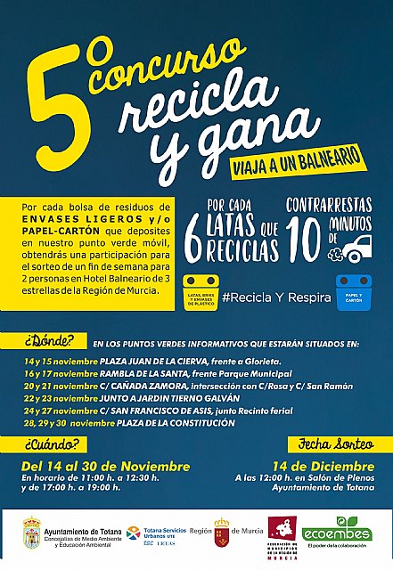 Los vecinos de Totana pueden participar durante el mes de noviembre en el concurso “Recicla y gana”