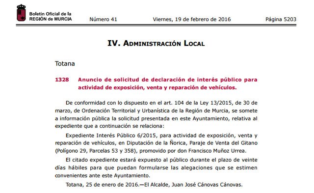 El BORM publica un anuncio de solicitud de declaración de interés público para actividad de exposición, venta y reparación de vehículos en Totana