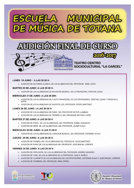 Hoy comienza el programa de audiciones en diferentes disciplinas musicales con motivo de la clausura del curso 2016/17 de la Escuela de Música
