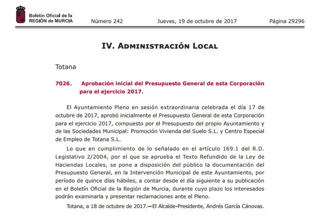 El BORM publica hoy la aprobación inicial del Presupuesto General del Ayuntamiento de Totana para el ejercicio 2017