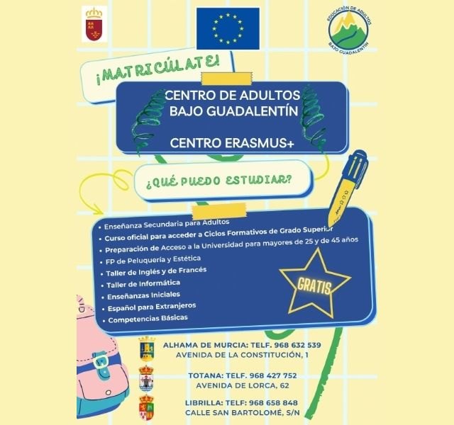 La Concejalía de Educación recuerda la oferta educativa del Centro de Adultos Bajo Guadalentín de Totana para el curso 20023/2024