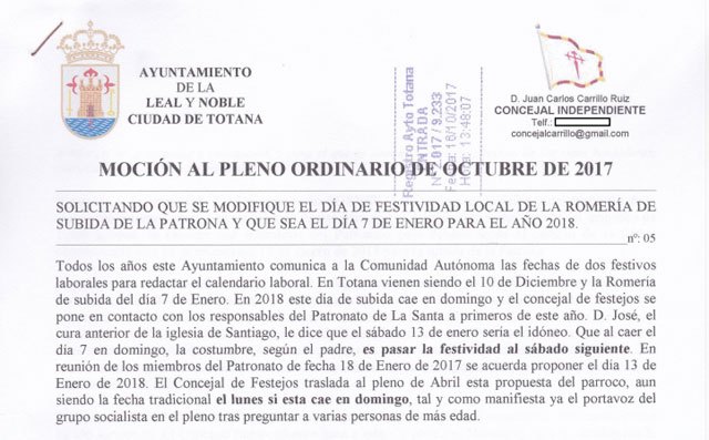 El Concejal Independiente: “Hablemos de la Romería Patronal del día 7 de Enero que será el día 13 de Enero en 2018”