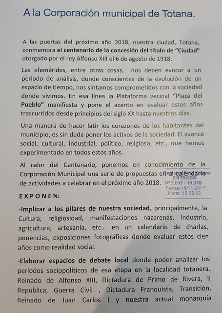 Proponen la realización de varias actividades con motivo del centenario de la concesión del título de 'Ciudad' otorgado a Totana por el rey Alfonso XIII
