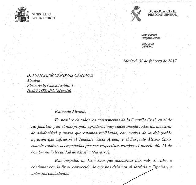 El Director General de la Guardia Civil felicita al pueblo de Totana tras la moción del PP de apoyo a los agentes agredidos en Alsasua por unos exaltados