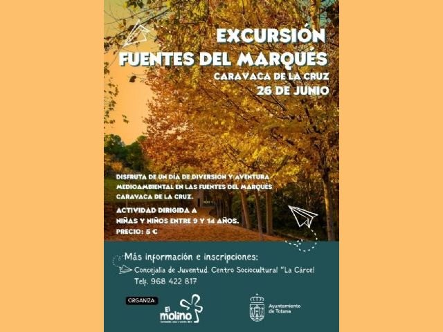 La Concejalía de Juventud organiza una excursión a las Fuentes del Marqués, en Caravaca de la Cruz, el 26 de junio, para niños de 9 a 14 años
