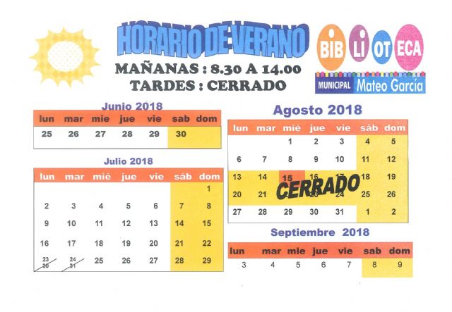 El horario de la Biblioteca 'Mateo Garcia' será de 8:30 a 14:00 horas del 25 de junio hasta el 7 de septiembre