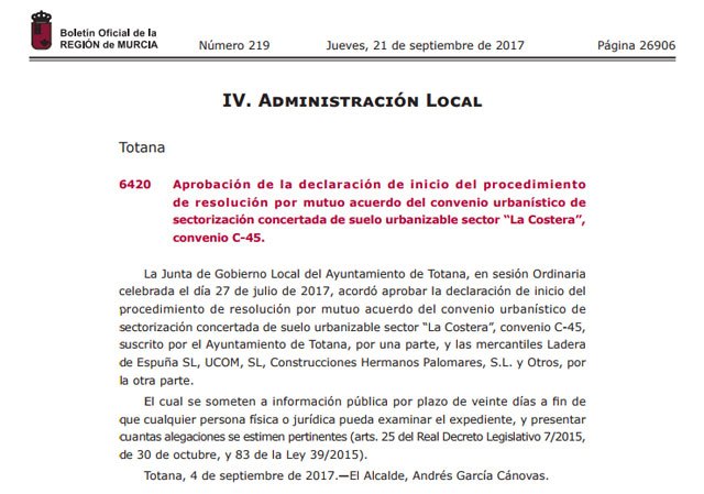 El BORM publica la aprobación de la declaración de inicio del procedimiento de resolución por mutuo acuerdo del convenio urbanístico C-45