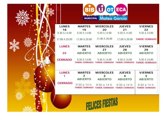 Nuevos horarios de la Biblioteca Municipal y la Sala de Estudio con motivo de las fiestas de Navidad y Reyes