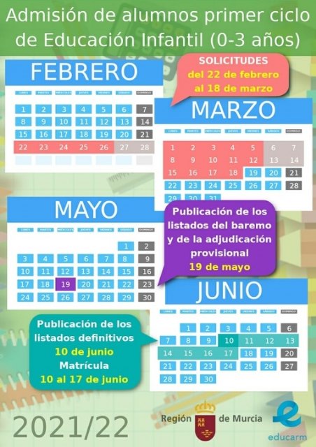 La Consejería de Educación publica el calendario de admisión de alumnos para el curso 2021/2022