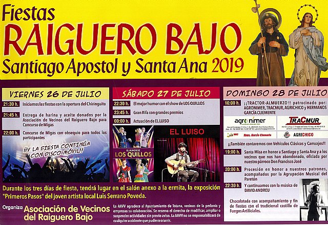 Las fiestas del Raiguero Bajo en honor a Santiago Apóstol y Santa Ana se celebran este próximo fin de semana del 26 al 28 de julio
