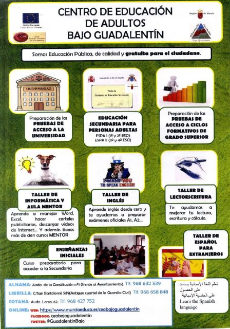Continúa abierto el plazo de matrícula para toda la oferta formativa en el Centro de Educación de Adultos 'Bajo Guadalentín' para el curso 2018/19