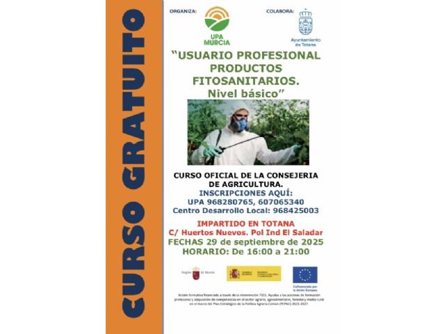 Cursos gratuitos de fitosanitarios en Totana para profesionales del sector agrario y agroalimentario