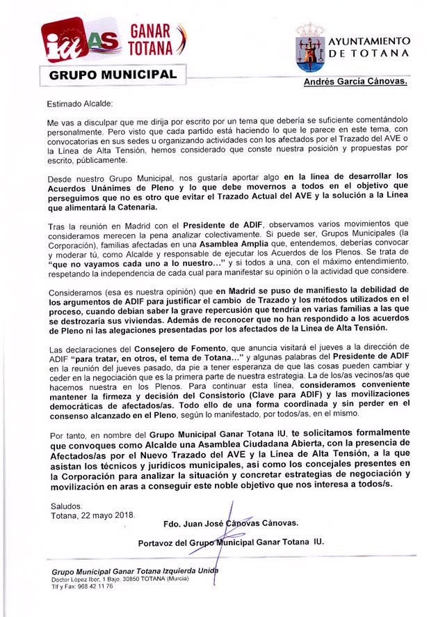 Ganar Totana IU solicita al Alcalde que convoque una Asamblea Ciudadana para explicar los resultados de la reunión con ADIF en Madrid