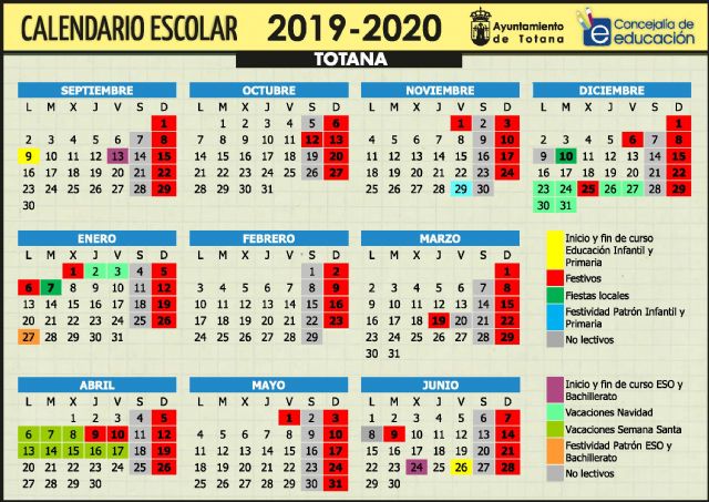 Este curso escolar 2019/20 en el municipio de Totana comenzará en Educación Infantil y Primaria el próximo 9 de septiembre; mientras que en la ESO y Bachillerato lo harán el 13 y en FP el 17 del mismo mes