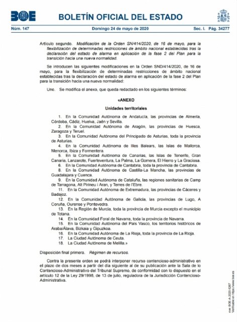 OFICIAL: Totana permanecerá este lunes en la fase 1 de retirada de medidas de aislamiento social y restricción a la movilidad y la actividad
