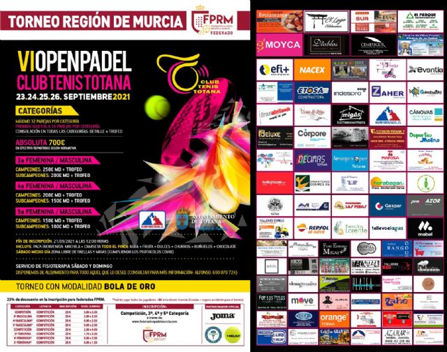 La VI edición del Open de Pádel Totana tendrá lugar este fin de semana