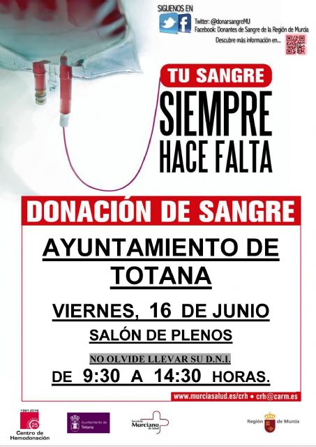 El Centro Regional de Hemodonación realizará extracciones en el Ayuntamiento el próximo día 16 de junio
