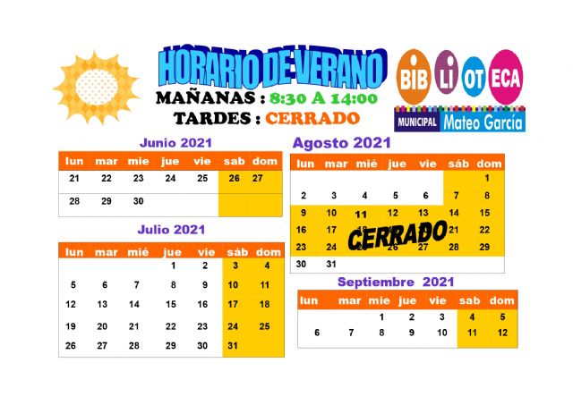 Este próximo lunes 30 de agosto se reanuda el servicio al público en la Biblioteca Municipal 'Mateo García' tras el cierre temporal estival