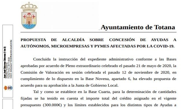 Ganar Totana-IU celebra que hayan comenzado los abonos de ayudas a autónomos, microempresas y pymes afectadas por la Covid-19