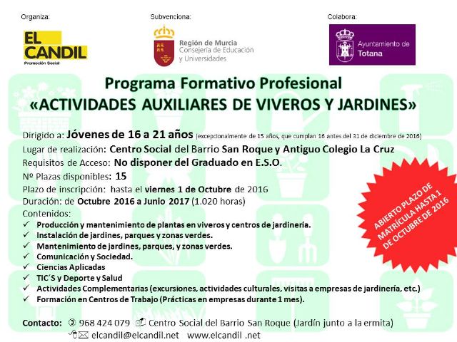 Abierto el plazo de inscripción para el programa formativo profesional de actividades auxiliares de viveros y jardines