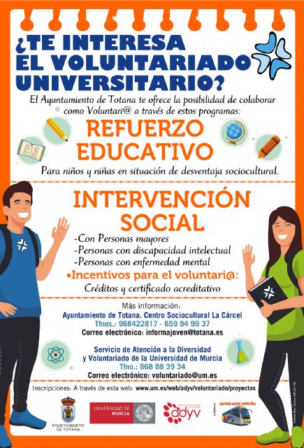El Ayuntamiento ofrece, de nuevo, a los universitarios de la UMU la posibilidad de participar como voluntarios en proyectos de interés social para el curso 2019/20