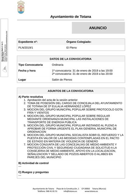 Orden del día del Pleno