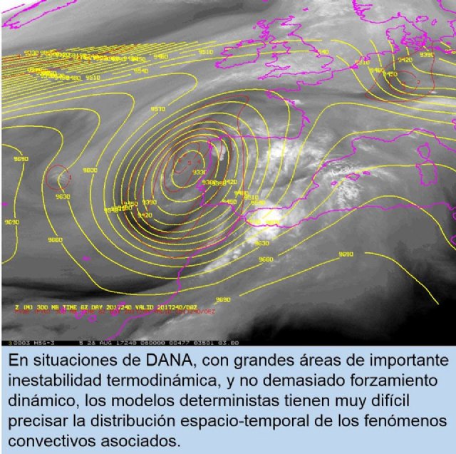 Situación en altura de la DANA en la mañana de hoy lunes. Imagen correspondiente a AEMET. Observamos el centro de la DANA frente a las costas de Portugal, quedando gran parte de la península en su zona inestable. El centro de la DANA se irá desplazando un poco más hacia el sureste hasta colocarse sobre el sur de Portugal, posición que es más favorable para Murcia que la actual.