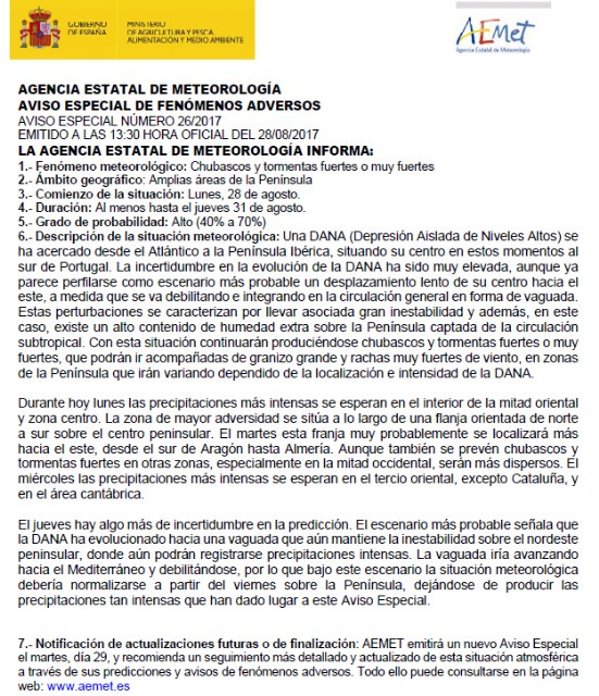  Aviso especial de fenómenos adversos emitido hoy por AEMET.