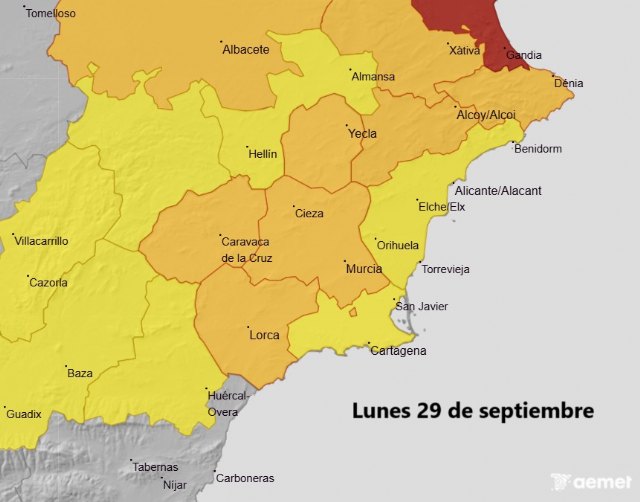 Aviso naranja por lluvias en la Región de Murcia para mañana