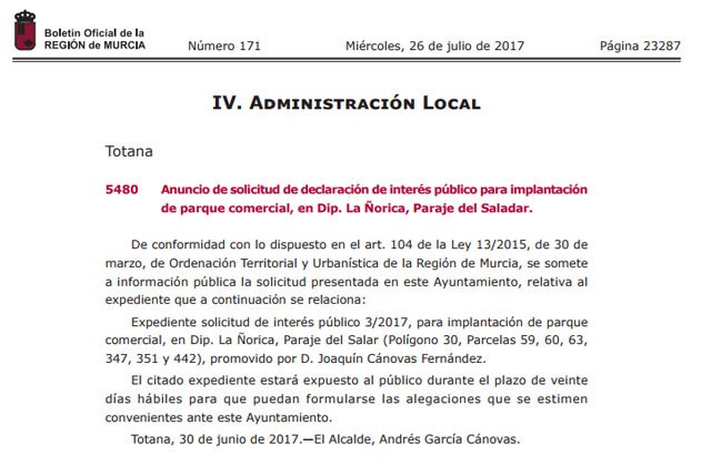 Solicitan la declaración de interés público para la implantación de un parque comercial en Totana