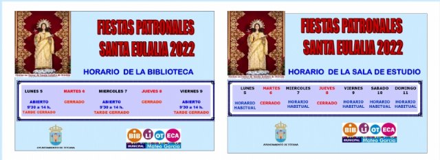 Se modifica el horario de la Biblioteca Municipal 'Mateo García' y de la Sala de Estudio con motivo de las fiestas patronales de Santa Eulalia