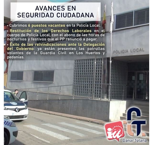 Ganar Totana-IU pone en valor la contratación de cuatro nuevos policías locales