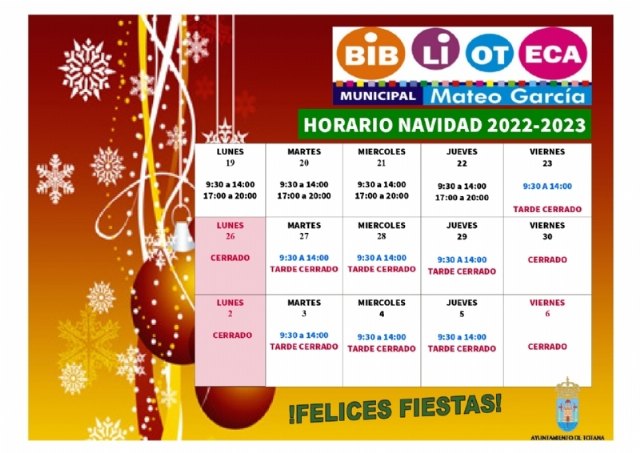 La Biblioteca Municipal “Mateo García” y la Sala de Estudio cuentan con nuevo horario de apertura con motivo de las festividades de Año Nuevo y Reyes
