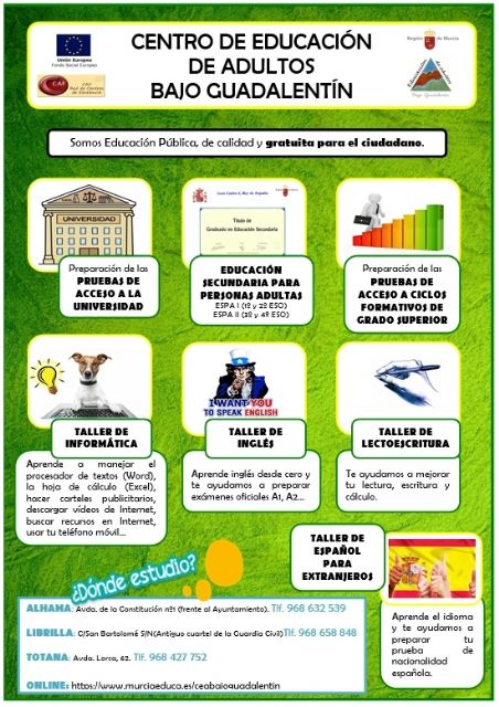 Continúa abierto el plazo de matrícula para toda la oferta formativa en el Centro de Educación de Adultos 'Bajo Guadalentín' para el curso 2017/2018
