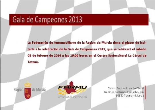 La Federación de Automovilismo de la Región de Murcia celebrará la tradicional Gala de Campeones 2013 en Totana