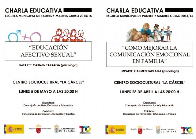 Organizan dos charlas informativas los días 28 de abril y 5 de mayo, dentro del programa escuela municipal de padres y madres para el curso 2014/15