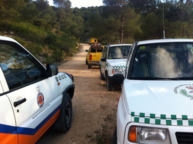 Voluntarios de Protección Civil colaboran en las labores de extinción del incendio que ha arrasado dos hectáreas de monte en la Sierra de la Tercia