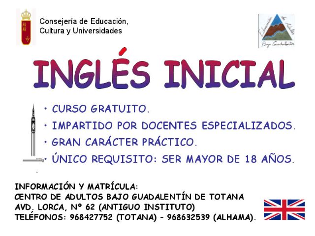El Centro de Adultos 'Bajo Guadalentín' de Totana oferta un curso gratuito de inglés inicial para el curso 2014/2015