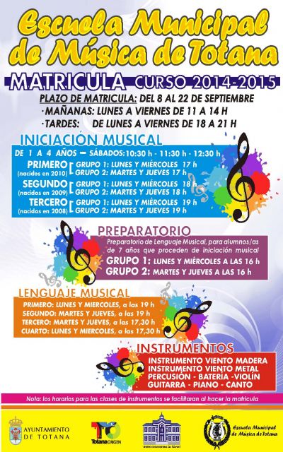 El plazo de matrícula para el curso 2014-2015 de la Escuela Municipal de Música de Totana se abre el próximo 8 de septiembre