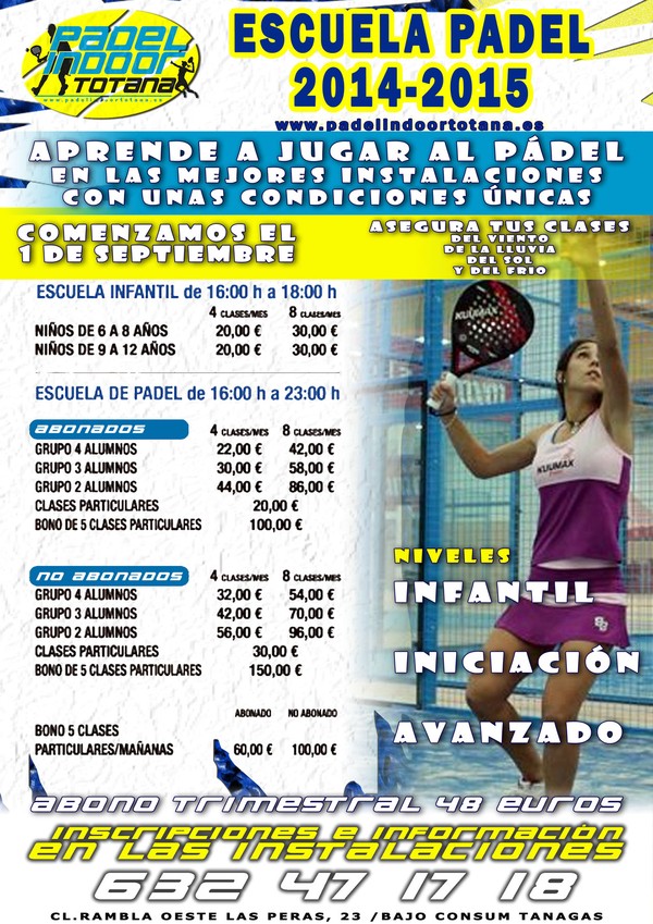 La Escuela de Pádel 2014-2015 de Pádel Indoor Totana comienza el próximo lunes 1 de septiembre
