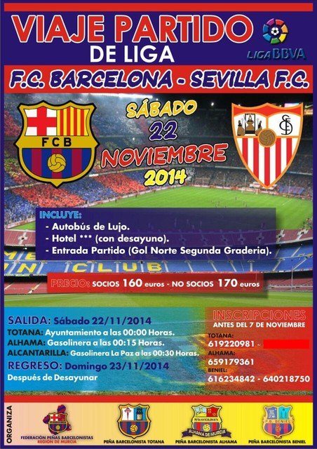 Las Peñas Barcelonistas de Totana, Alhama y Beniel organizan un viaje al partido FC Barcelona - Sevilla