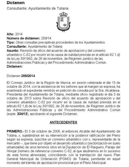 Dictamen 289/2014 del Consejo Jurídico de la Región de Murcia 