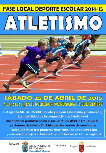 La Fase Local de Atletismo de Deporte Escolar tendrá lugar mañana en el Polideportivo Municipal '6 de diciembre'
