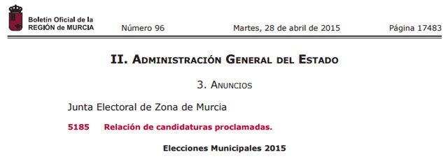El BORM publica la relación de candidaturas proclamadas para las Elecciones Municipales 2015