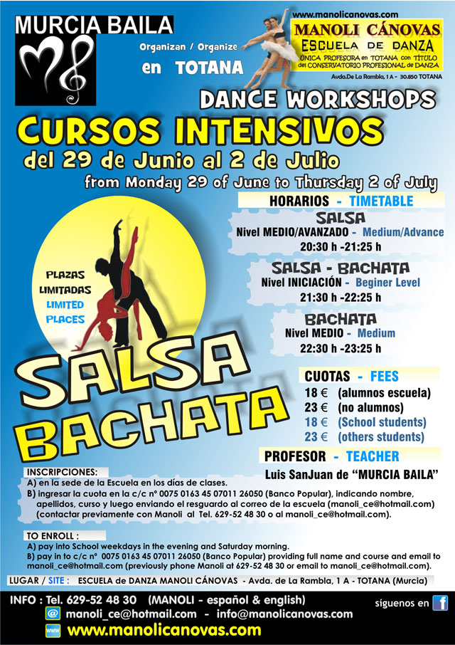 Murcia Baila y la Escuela de Danza Manoli Cánovas organizan intensivos de salsa y bachata en Totana