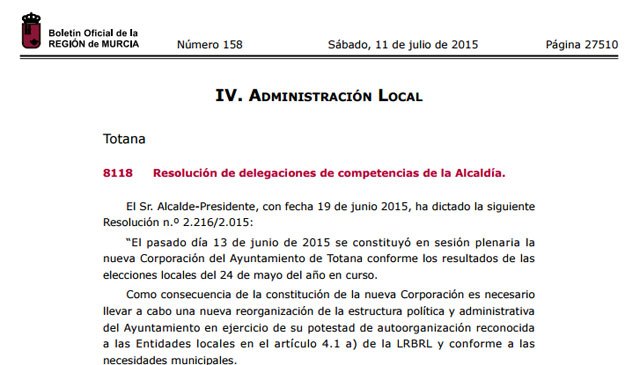 EL BORM publica la resolución de delegaciones de competencias de la Alcaldía