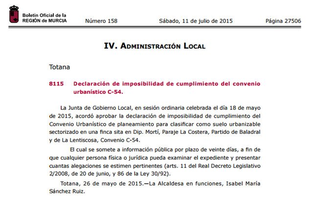 El BORM publica la declaración de imposibilidad de cumplimiento del convenio urbanístico C-54