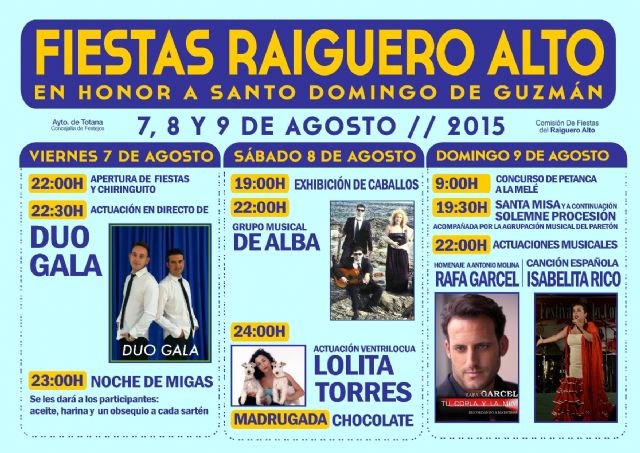 Las fiestas de El Raiguero Alto se celebrarán este próximo fin de semana, del 7 al 9 de agosto, en honor a Santo Domingo de Guzmán