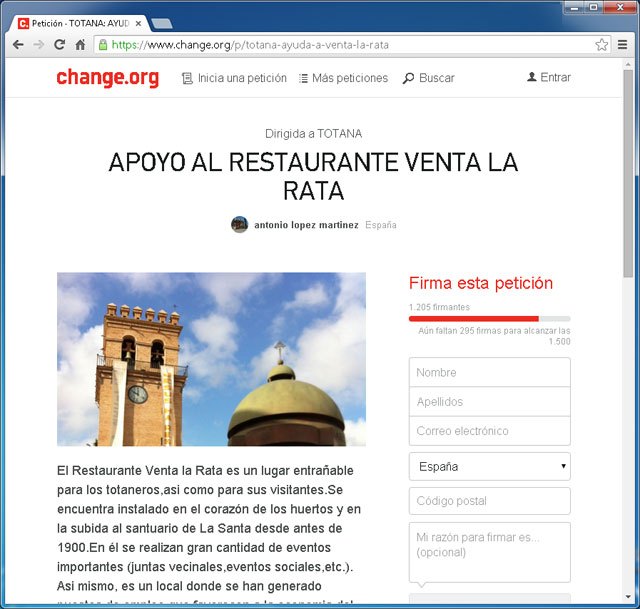 Lanzan una campaña de recogida de firmas en 'change.org' en apoyo al Restaurante Venta la Rata