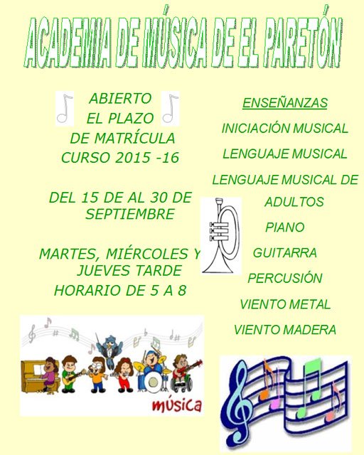 El plazo de matrícula de la Escuela de Música de El Paretón para el curso 2015-16 será del 15 al 30 de septiembre